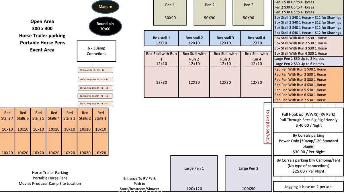 Kiva Horse Motel area map showing stall and corral locations with pricing